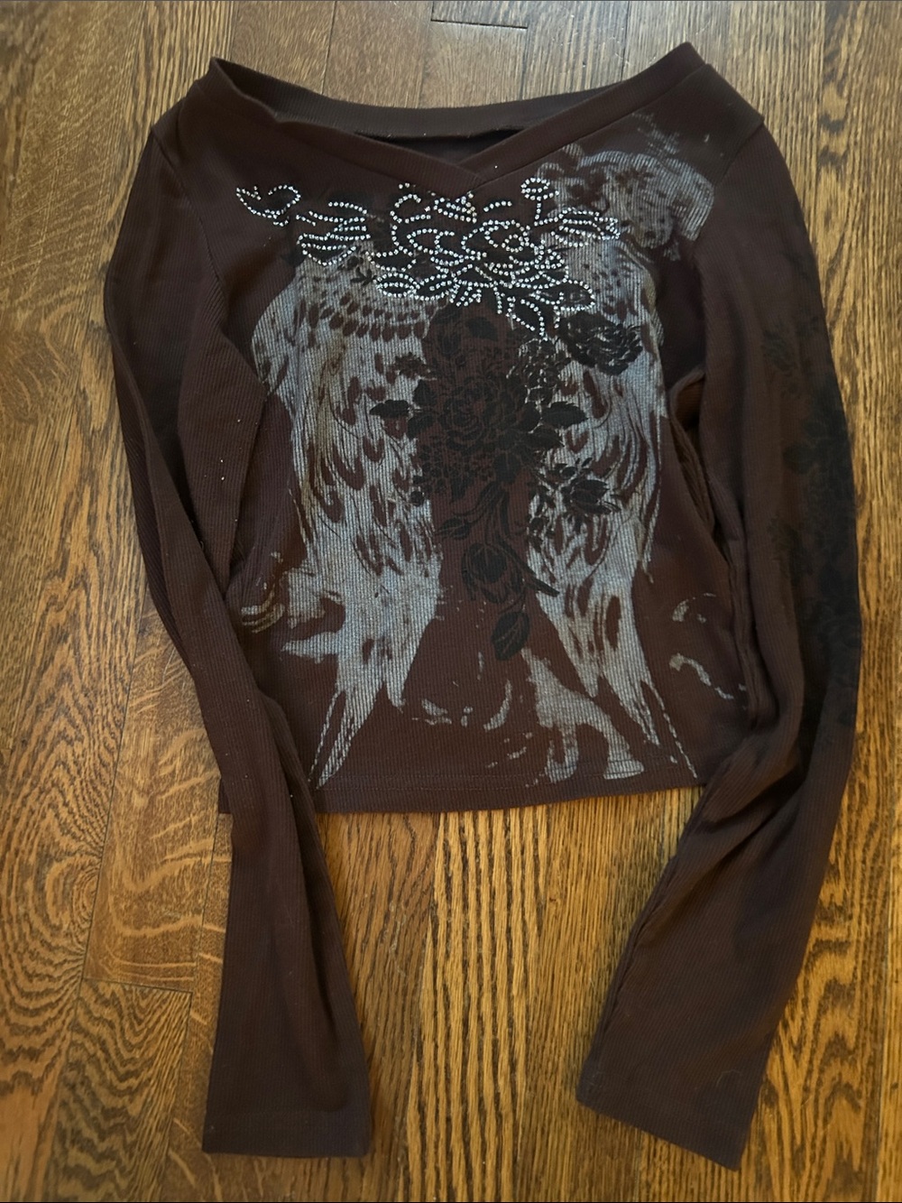 SHEIN Brown Long Sleeve Graphic Tee with Rhinestone Wings